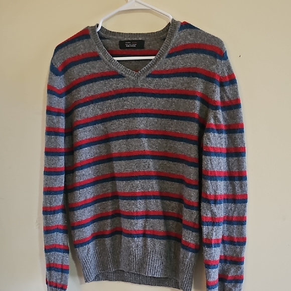 Zara Other - Zara Gray and Red Striped V-Neck Sweater